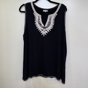 Max Studio Women’s Size 3X Tank Top Black Sleeveless Blouse Ivory Crochet Trim